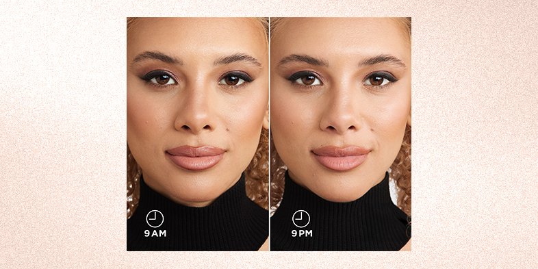 Before and after image of how setting spray looks on makeup